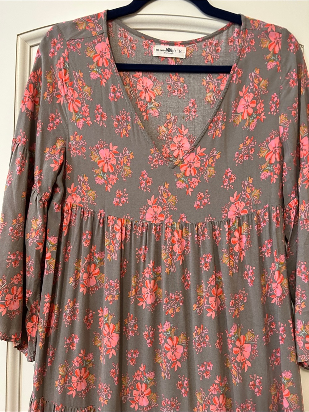 NATURAL LIFE Charlotte Gray Maxi Dress with Pink Floral Print Bell Sleeve - Picture 3 of 10